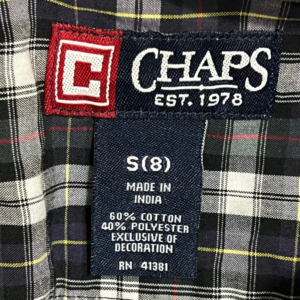 Chaps Kids Button Down Shirt Boys Small 8 Navy Blue‎ Plaid Long Sleeve Preppy